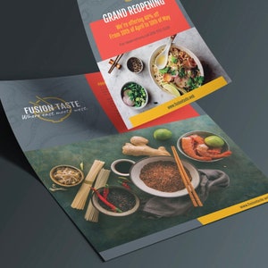 May include: A tri-fold brochure for Fusion Taste, a restaurant where east meets west. The brochure features a photo of a bowl of noodles with vegetables and a photo of various ingredients, including ginger, limes, and chopsticks. The brochure advertises a grand reopening with 40% off from 10th April to 10th May.