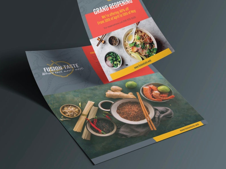 May include: A tri-fold brochure for Fusion Taste, a restaurant where east meets west. The brochure features a photo of a bowl of noodles with vegetables and a photo of various ingredients, including ginger, limes, and chopsticks. The brochure advertises a grand reopening with 40% off from 10th April to 10th May.