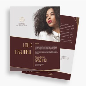 May include: A maroon and gold salon flyer featuring a woman with curly black hair wearing a white shirt and a silver necklace. The flyer reads "Look Beautiful" and "New customers save &pound;10".