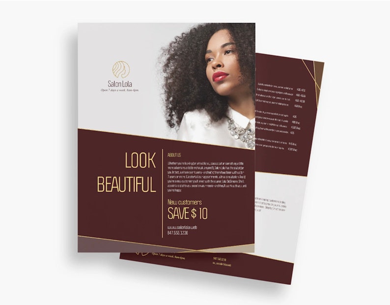 May include: A maroon and gold salon flyer featuring a woman with curly black hair wearing a white shirt and a silver necklace. The flyer reads "Look Beautiful" and "New customers save &pound;10".