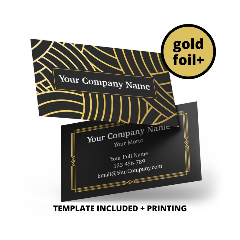 May include: Black and gold business card template with a geometric pattern and gold foil accents. The text on the card reads "Your Company Name", "Your Motto", "Your Full Name", "123-456-789", and "Email@YourCompany.com".