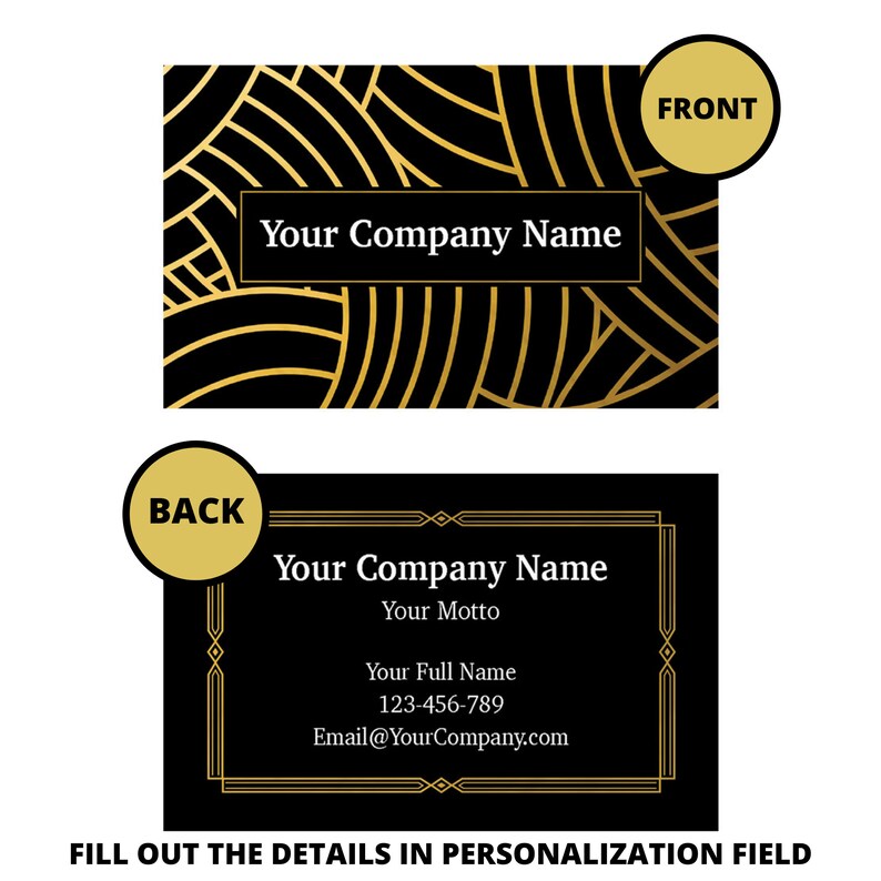 May include: A black and gold business card template with a geometric pattern on the front and a simple design on the back. The text on the back reads "Your Company Name", "Your Motto", "Your Full Name", "123-456-789", and "Email@YourCompany.com".