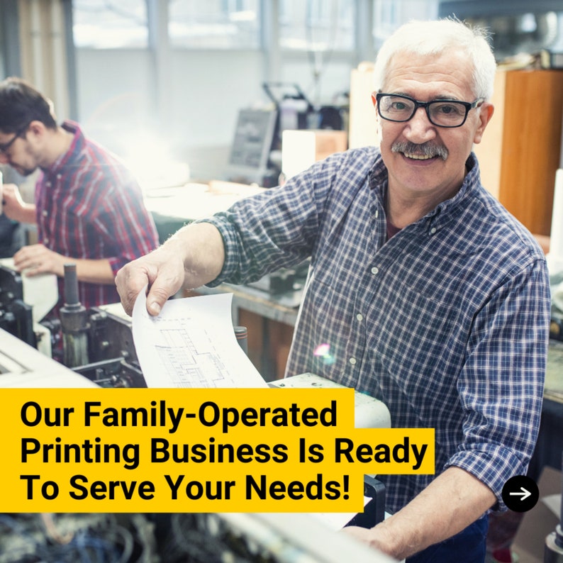 May include: A man wearing a blue and white checked shirt stands in a printing shop. He is holding a piece of paper with a blueprint design. The text "Our Family-Operated Printing Business Is Ready To Serve Your Needs!" is displayed in yellow on a black background.