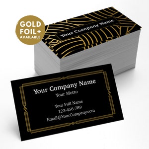 May include: Black and gold business card with a geometric pattern and the text "Your Company Name" and "Your Motto". The card also includes contact information such as a phone number and email address.