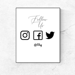 May include: Black and white graphic of social media icons for Instagram, Facebook, and Twitter. The text "Follow Us" is written in cursive above the icons. The text "@Etsy" is written below the icons.