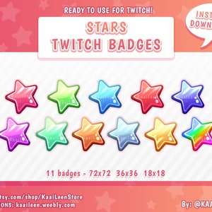 Puede incluir: Once insignias de Twitch en forma de estrella de colores en varios tamaños, incluyendo 72x72, 36x36 y 18x18 píxeles. Las insignias están diseñadas con un estilo brillante y de dibujos animados y presentan una variedad de colores, incluyendo rojo, azul, verde, amarillo y morado.