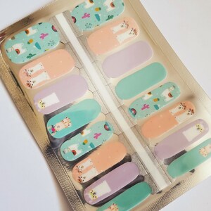 K018 &quot;Llama Llama&quot; Pastel Peach, Lavendar, Aqua, White Llamas & Cactus 100% Nail Polish Strips - decals, wraps, nail stickers, nail strips