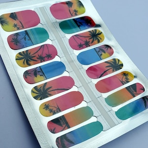 ME003 - "South Pacific Hideaway" Bright Pink, Yellow, Green, Blue, Orange, Black Palm Tree Nail Polish Strips - Nail Wraps, Nail Stickers