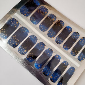 ME012 &quot;Another Starry Night&quot; Gold Foil Stars on Blue & Navy Gradient Night Sky background made with 100% Nail Polish - 10 FREE nail strips