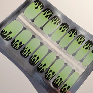 OT021 &quot;Mistress of Evil&quot; Neon-like green flames on black made with 100% Nail Polish - Strips, 10 FREE, nail art, decals, stickers, manicure