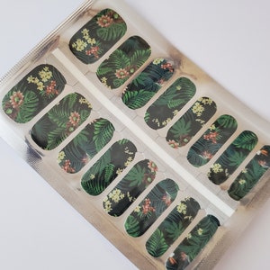FL019 &quot;Jungle Gems&quot; green rainforest foliage and blooms flowers 100% Nail Polish Strips, nail decals, nail wraps, nail stickers