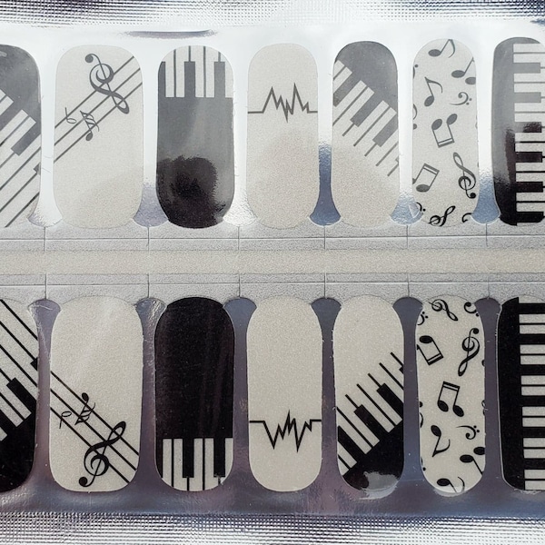 M0002 - "Side by Side on My Piano" Piano Keys, music, notes, pearl finish made with 100% Nail Polish, Stickers, Nail Wraps, decals, 10-Free
