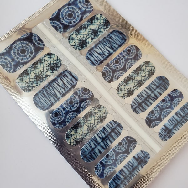GE020 - "Tie Dye Jeans" navy blue, see-thru (clear) patterned 100% Nail Polish Strips - nail wraps, 10-free