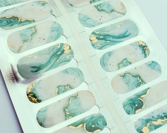 MA005 - "Green Planet" - Green, White & Gold Marble Nail Polish Strips - nail decals, nail wraps, nail stickers, 10-frees