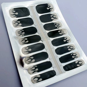 OT003 - &quot;Dark Pyro&quot; Black Flames on Clear Overlay Nail Polish Strips - nail decals, nail wraps, nail stickers, 10-free