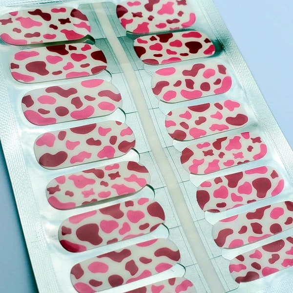 AN001 - "Pretty Moos" - Pink & Burgandy Cow Print Camouflage Nail Polish Strips - nail decals, nail wraps, nail stickers, 10-free