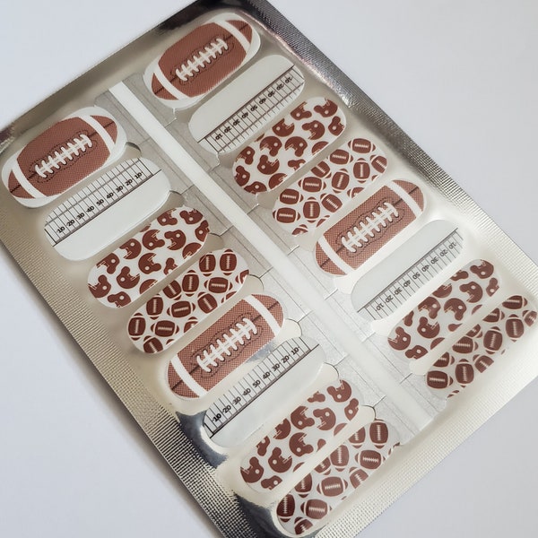 M0004 "Fantasy Football" Brown Footballs, Helmets, Yard Lines on White Nail Polish Strips - Nail Stickers, Nail Wraps, decals, 10-Free, art