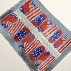HOL029 "Sparkling Stars & Stripes" Red, Royal blue, Silver Glitter Flag made with 100% Nail Polish - nail stickers, wraps, strips 10 FREE