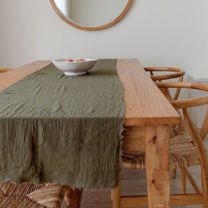 Olive Green Table Runner, Christmas Linen, Frayed Cotton Table Runner, Linen Table Runner, Cheesecloth Table Runner image 1