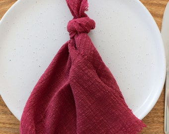 Burgundy Cotton Napkins, Maroon Frayed Linen Napkins, Dark Red Cloth Table Napkins, Cheesecloth Napkins