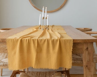 Mustard Yellow Table Runner, Frayed Cotton Table Runner, Linen Table Runner, Cheesecloth Table Runner