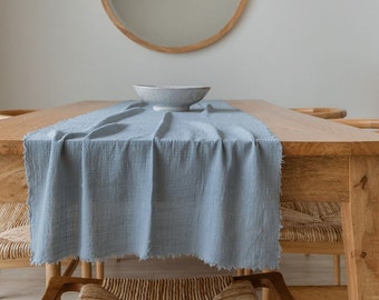 Sky Blue Table Runner, Frayed Cotton Table Runner, Linen Table Runner, Cheesecloth Table Runner
