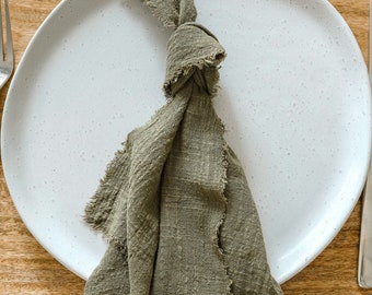 Olive Cotton Napkins, Green Frayed Linen Napkins, Khaki Cloth Table Napkins, Cheesecloth Napkins