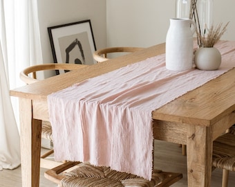 Chemin de table en coton rose : étamine en lin biologique effiloché