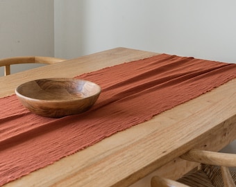 Terracotta Cotton Table Runner: Frayed Edge, Organic Woven Fabric