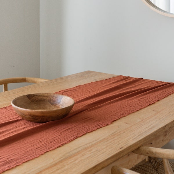 Terracotta Table Runner, Dark Orange Frayed Cotton Table Runner, Rust Linen Table Runner, Cheesecloth Table Runner