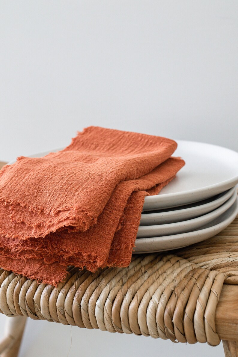 Burnt Orange Cotton Napkins Frayed Linen Napkins Cloth Table Etsy