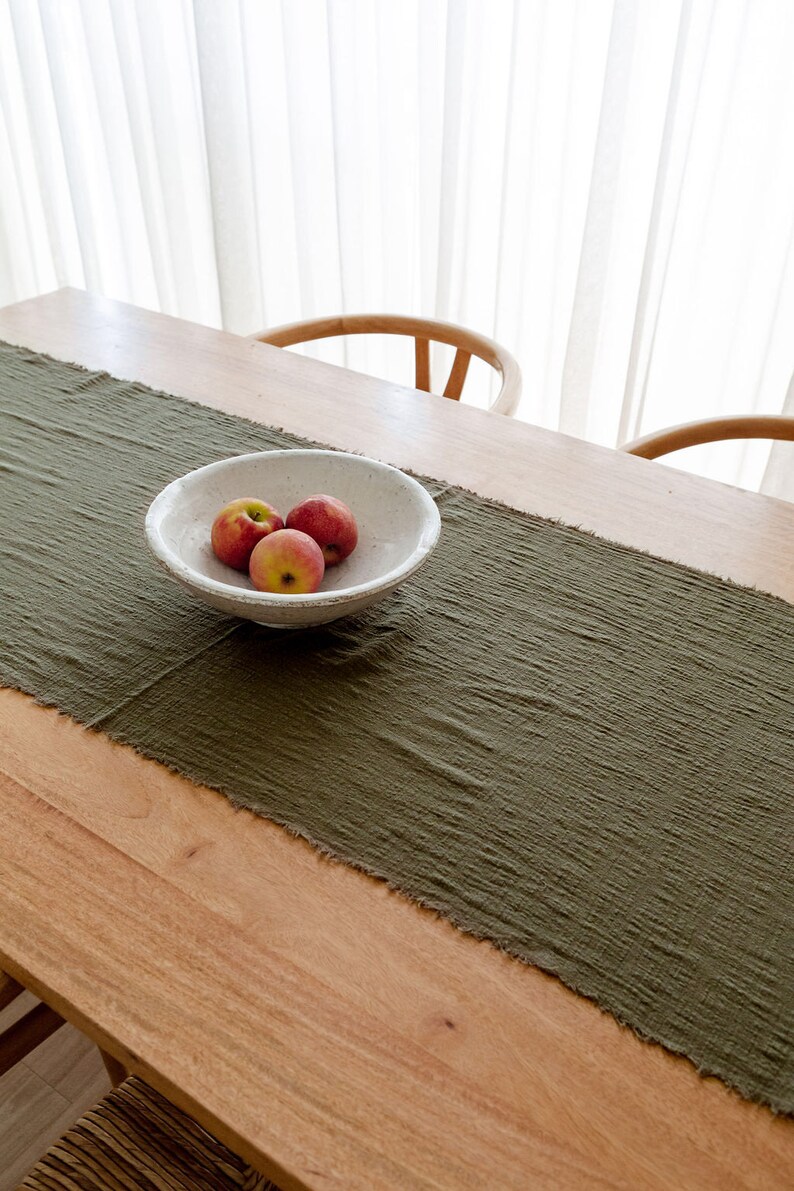 Olive Green Table Runner, Christmas Linen, Frayed Cotton Table Runner, Linen Table Runner, Cheesecloth Table Runner image 2