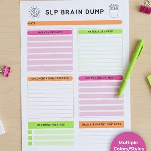 May include: A white paper planner titled "SLP Brain Dump" with sections for urgent priorities, materials, documentation, notes, meetings, and contacts. The planner includes pink, orange, and green accents, with a pink circle that says "Multiple Colors/Styles Included!"