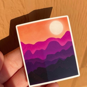 Mountain Nature Sticker, Orange Purple Sun Moon Nature Decal, Water Bottle Laptop Hiking Camping Waterproof Vinyl, Sunset Art Gift Adventure