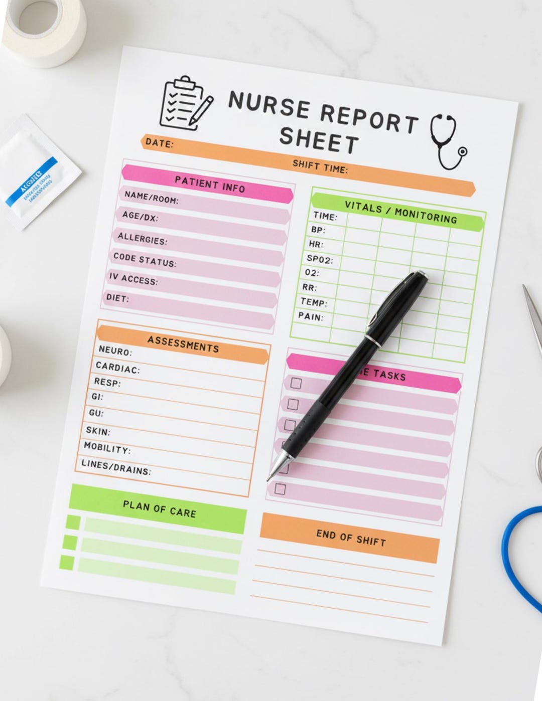 Editable Nurse Report Sheet Template | Shift Organizer Printable PDF ...