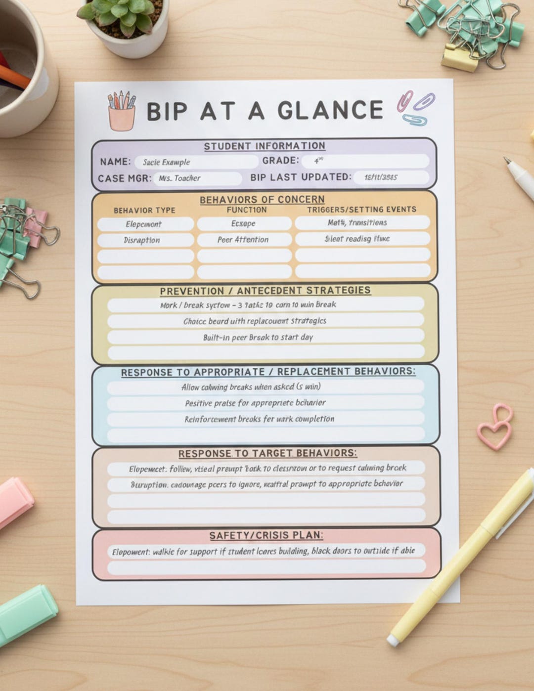 BIP At-a-glance Printable | Behavior Intervention Plan Snapshot (PDF ...