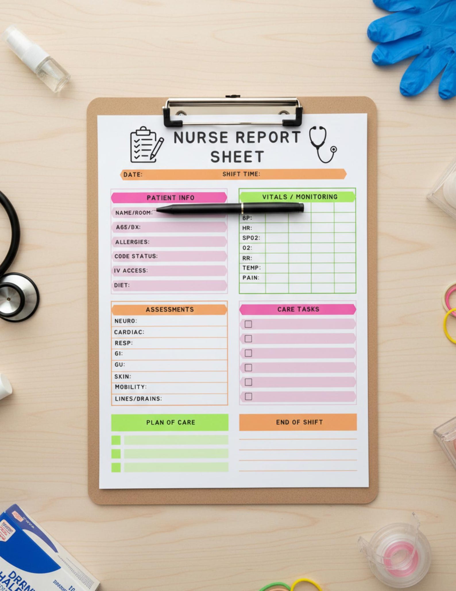 Editable Nurse Report Sheet Template | Shift Organizer Printable PDF ...