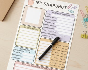 IEP Snapshot Printable | Editable SPED Teacher Planner, Special Education Student Profile (PDF Download) | Parent Child Autism Resource
