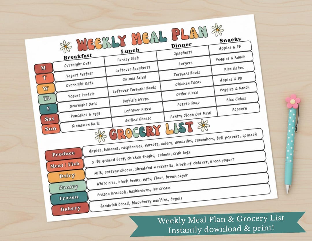 Weekly Meal Plan & Grocery List Printable | Groovy Compact Kitchen ...