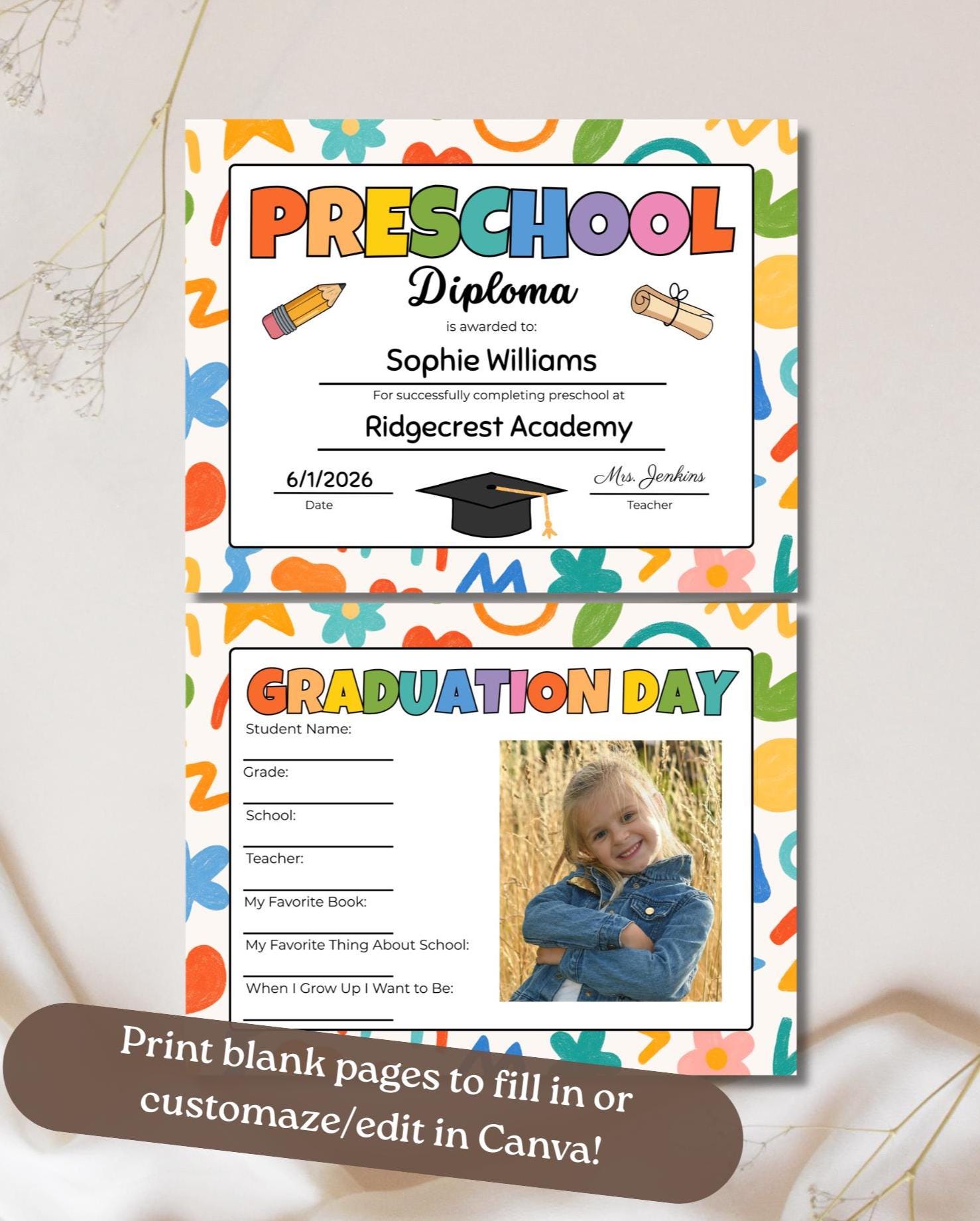 Preschool Graduation Diploma Template, Editable Canva Certificate, Pre ...
