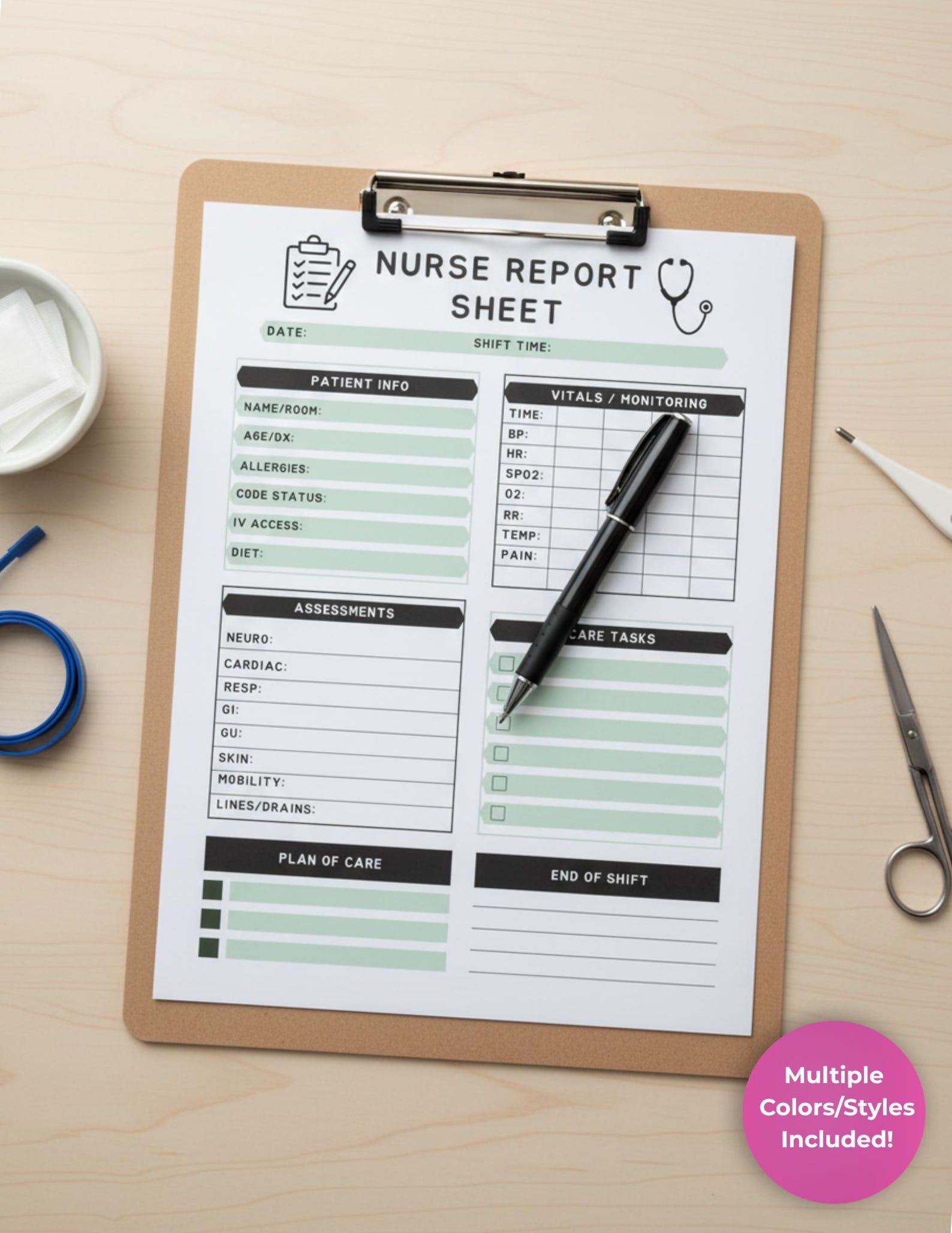Editable Nurse Report Sheet Template | Shift Organizer Printable PDF ...