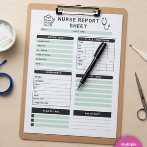 May include: A clipboard with a printed "NURSE REPORT SHEET" in black text. The sheet includes sections for patient info, vitals, assessments, and care tasks. A black pen rests on the sheet. A stethoscope icon is at the top right. A pink circle with text "Multiple Colors/Styles Included!" is in the bottom right.