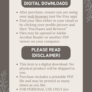 May include: A digital download information sheet with a brown background and white text. The text includes instructions on how to access digital downloads, a disclaimer, and the phrase "Doodles by Zara."