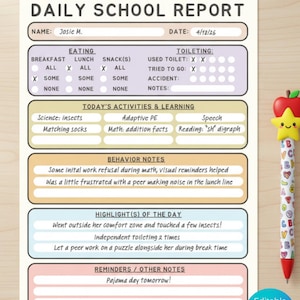 Op de afbeelding: Een dagelijks schoolrapportformulier met secties voor eten, toiletgebruik, activiteiten, gedrag en hoogtepunten. Het document bevat pastelkleurige vakken, handgeschreven tekst en een pen met een rode appel als bovenkant.