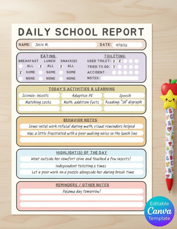 Editable Daily School Report Template | Special Education Behavior & Daily Notes | Home School Communication Log |  | Teacher Documentation