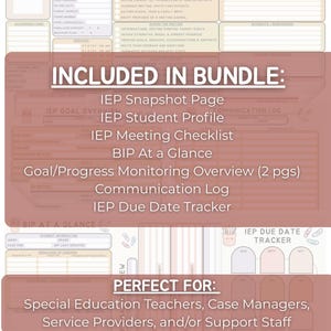 May include: A bundle of printable IEP forms, including a snapshot page, student profile, meeting checklist, and due date tracker. The forms are designed for special education teachers and support staff. The text "Included in Bundle" is visible.