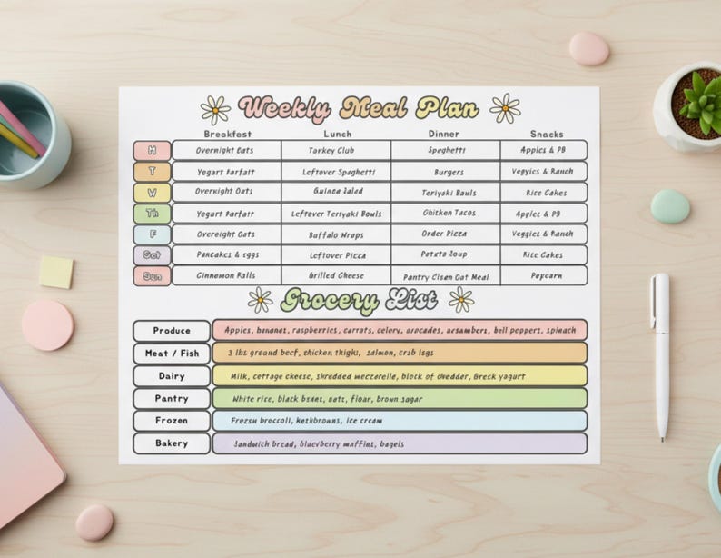 Weekly Meal Plan & Grocery List Printable | Compact Kitchen Planner ...