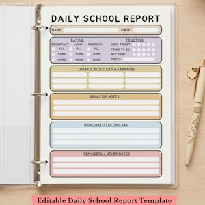 May include: A daily school report template printed on white paper inside a three-ring binder. The form features sections for name, date, eating, toileting, activities, behavior, highlights, and reminders, organized with pastel-colored rectangular boxes.