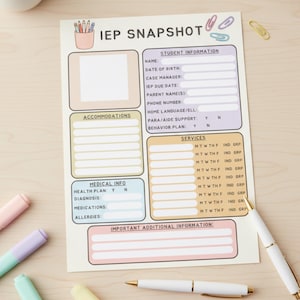 May include: An IEP Snapshot form with sections for student information, accommodations, and medical details. The form is on a light-colored paper with pastel-colored boxes and text. Pens and markers are scattered around the form.