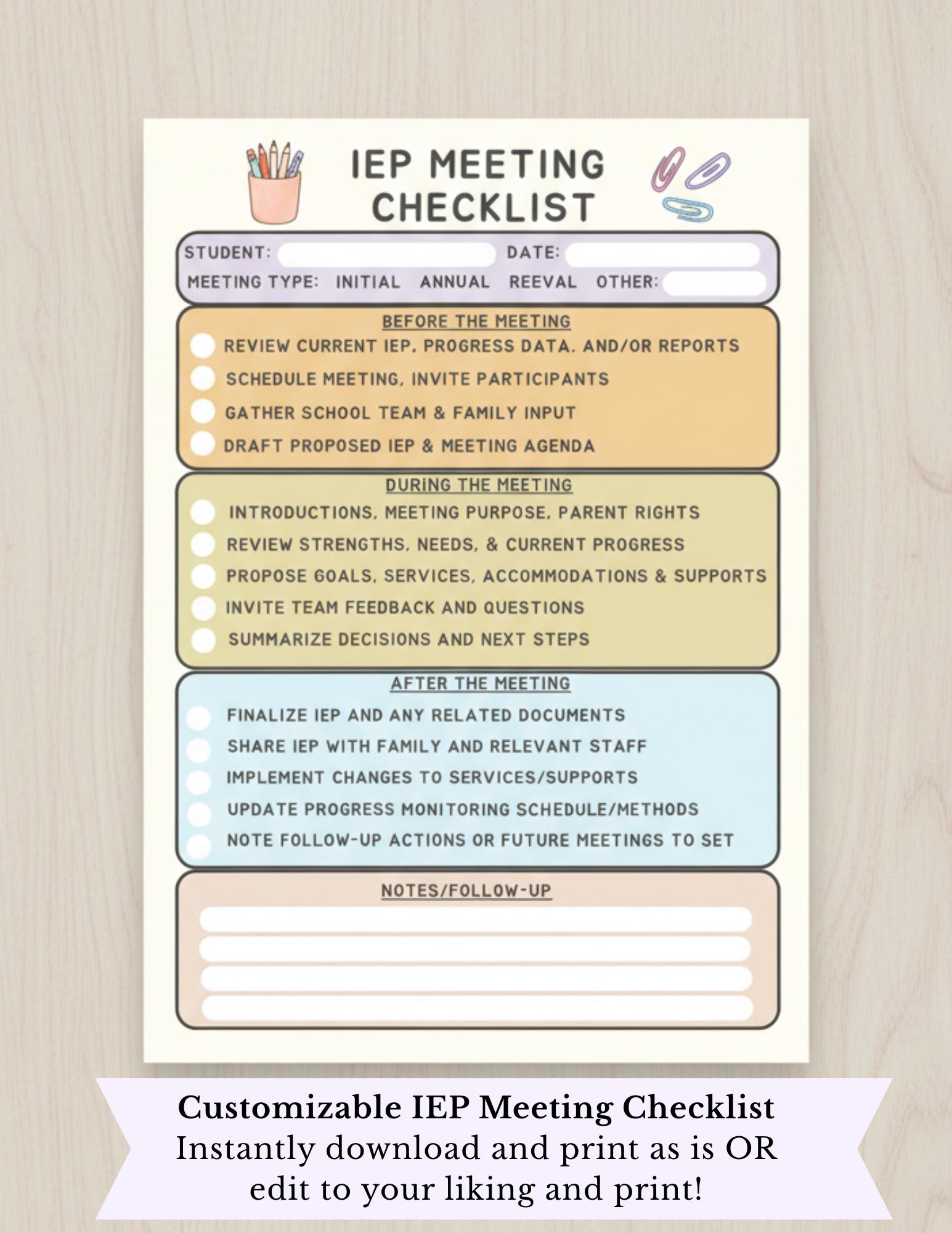 IEP Meeting Checklist Editable Template, Custom Special Education ...